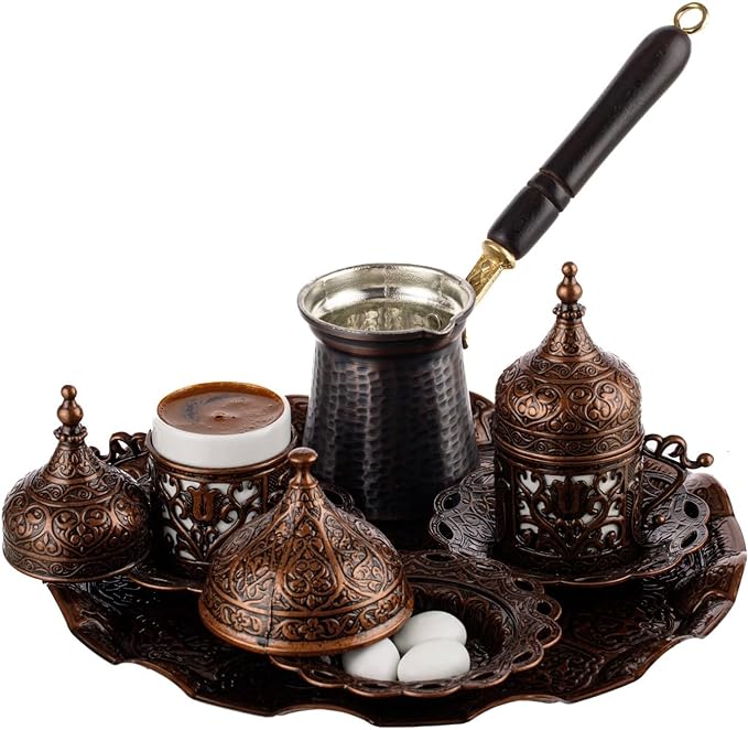 Turkish Greek Arabic Coffee Full Set with Cups Saucers Lids Sugar Bowl Tray and Copper Coffee Pot, 12 Pcs